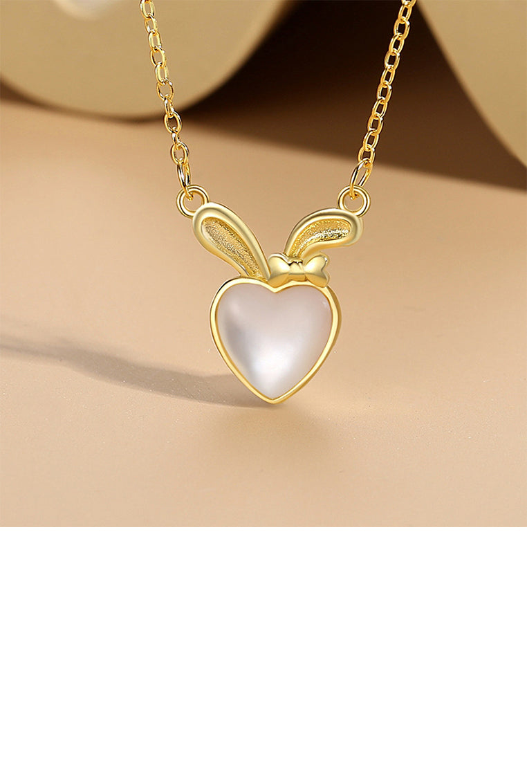 925 Sterling Silver Plated Gold Lovely Simple Rabbit Imitation Opal Pendant with Necklace