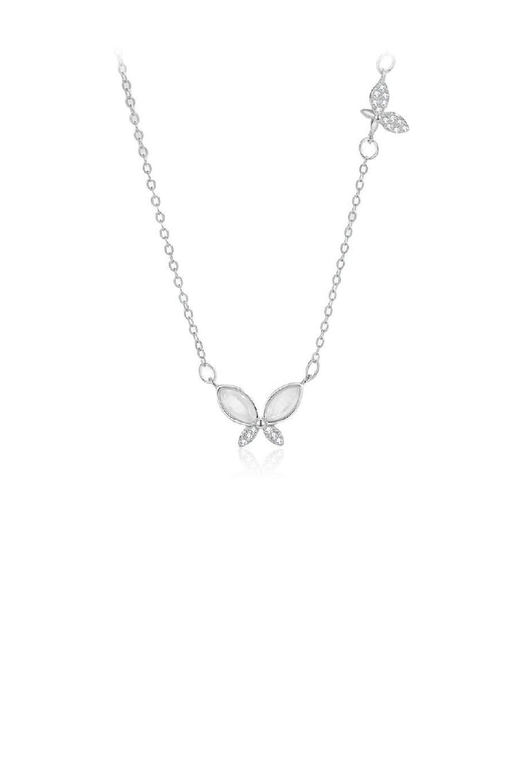 925 Sterling Silver Simple Elegant Butterfly Imitation Opal Pendant with Cubic Zirconia and Necklace - Luxurious Look