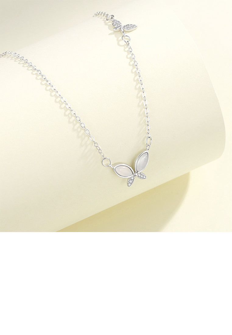 925 Sterling Silver Simple Elegant Butterfly Imitation Opal Pendant with Cubic Zirconia and Necklace - Luxurious Look