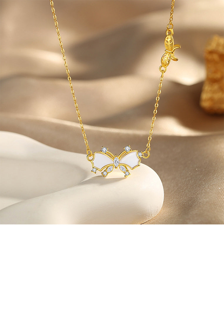 925 Sterling Silver Plated Gold Simple Cute Butterfly Pendant with Cubic Zirconia and Necklace - Luxurious Look