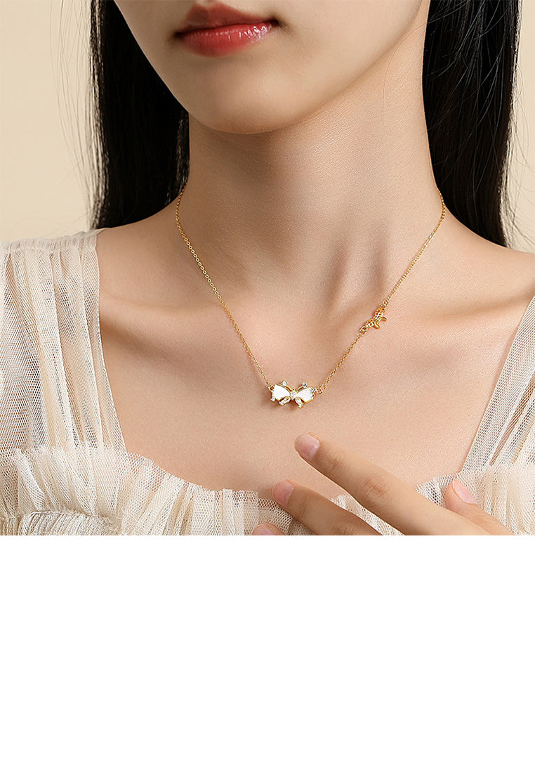 925 Sterling Silver Plated Gold Simple Cute Butterfly Pendant with Cubic Zirconia and Necklace - Luxurious Look