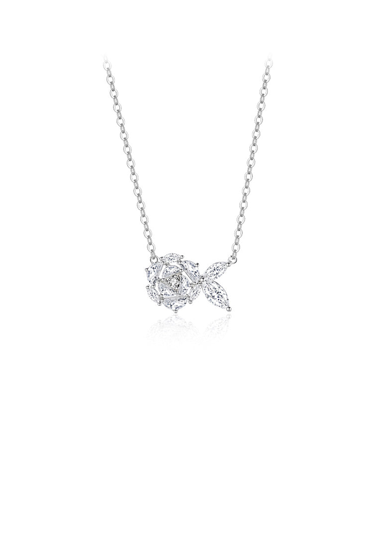 925 Sterling Silver Fashion and Elegant Camellia Pendant with Cubic Zirconia and Necklace - Luxurious Look