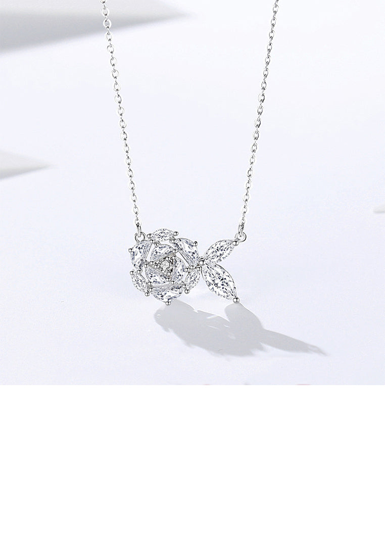 925 Sterling Silver Fashion and Elegant Camellia Pendant with Cubic Zirconia and Necklace - Luxurious Look
