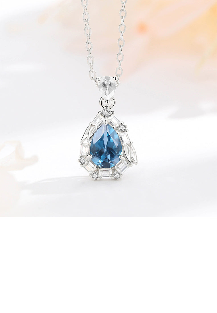 925 Sterling Silver Fashion and Simple Water Drop-shaped Pendant with Blue Cubic Zirconia and Necklace - Luxurious Look
