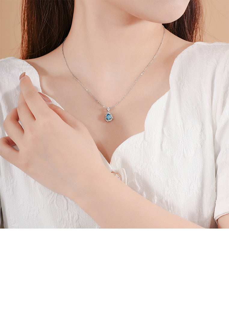 925 Sterling Silver Fashion and Simple Water Drop-shaped Pendant with Blue Cubic Zirconia and Necklace - Luxurious Look