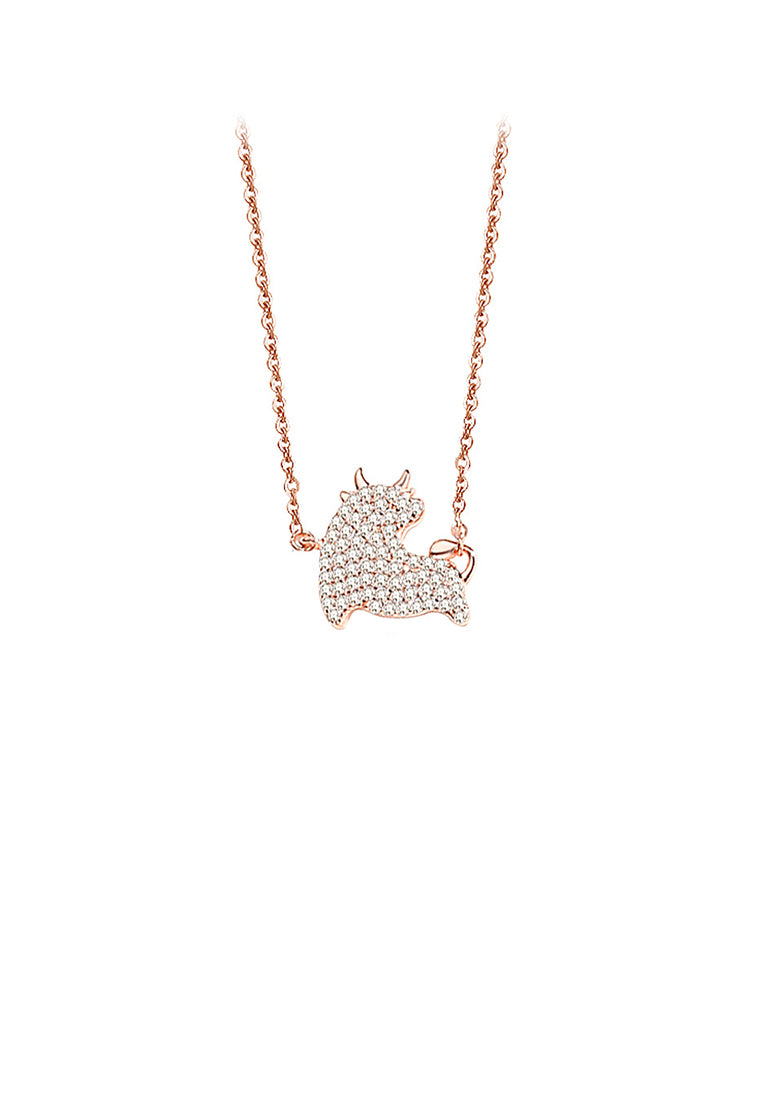 925 Sterling Silver Plated Rose Gold Simple and Bright Zodiac Ox Pendant with Cubic Zirconia and Necklace - Luxurious Look
