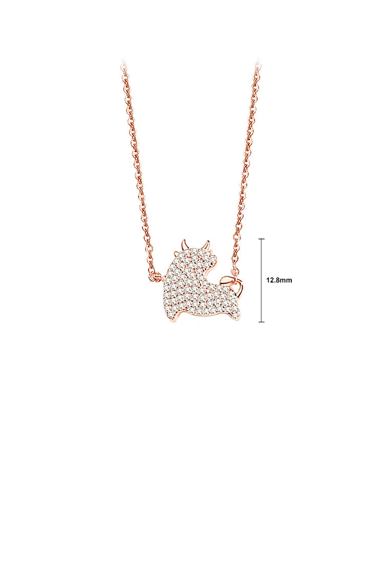 925 Sterling Silver Plated Rose Gold Simple and Bright Zodiac Ox Pendant with Cubic Zirconia and Necklace - Luxurious Look