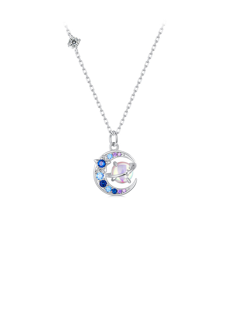 925 Sterling Silver Fashion Creative Planet Moon Pendant with Cubic Zirconia and Necklace - Luxurious Look