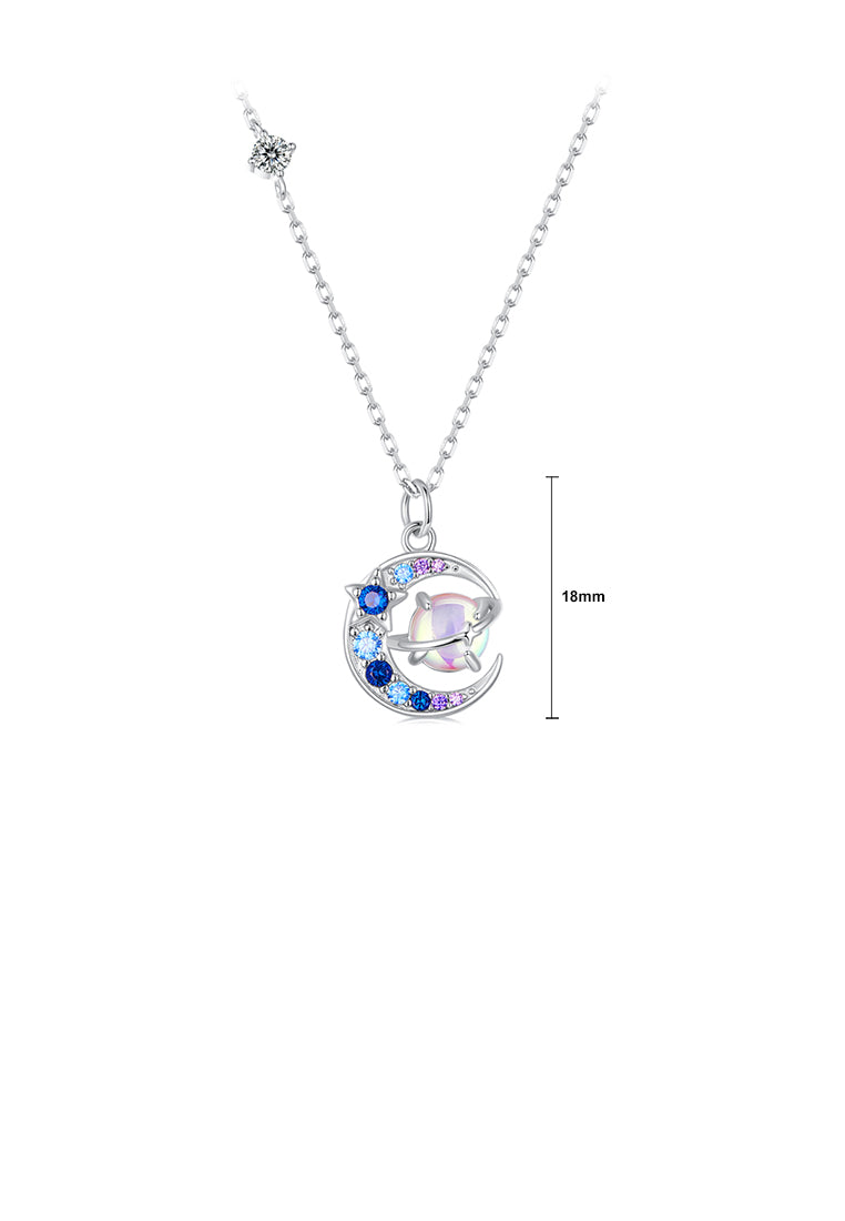 925 Sterling Silver Fashion Creative Planet Moon Pendant with Cubic Zirconia and Necklace - Luxurious Look