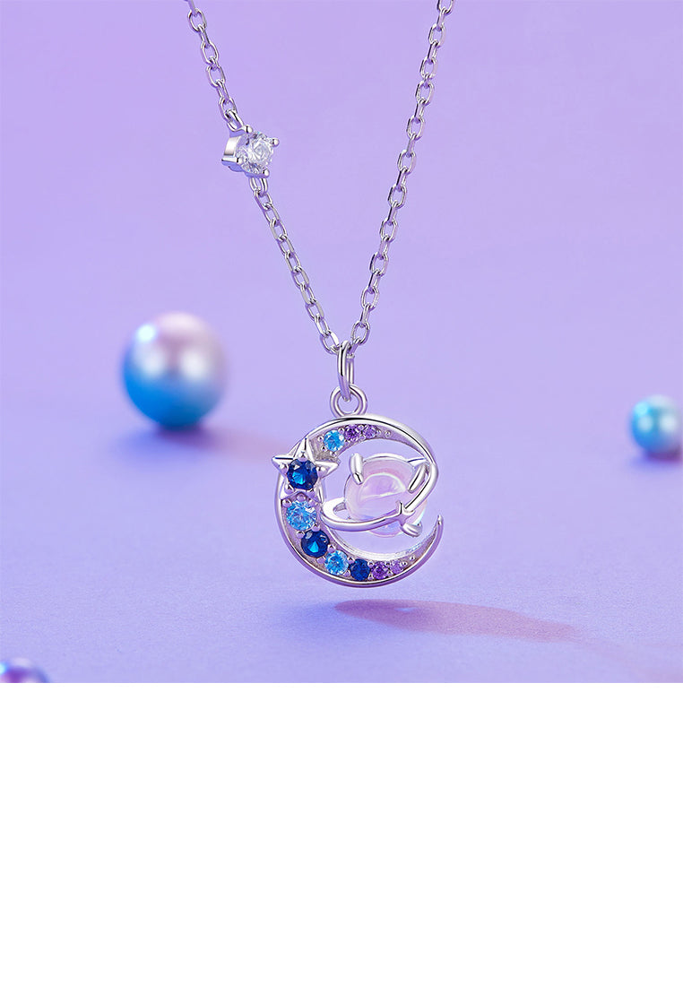 925 Sterling Silver Fashion Creative Planet Moon Pendant with Cubic Zirconia and Necklace - Luxurious Look
