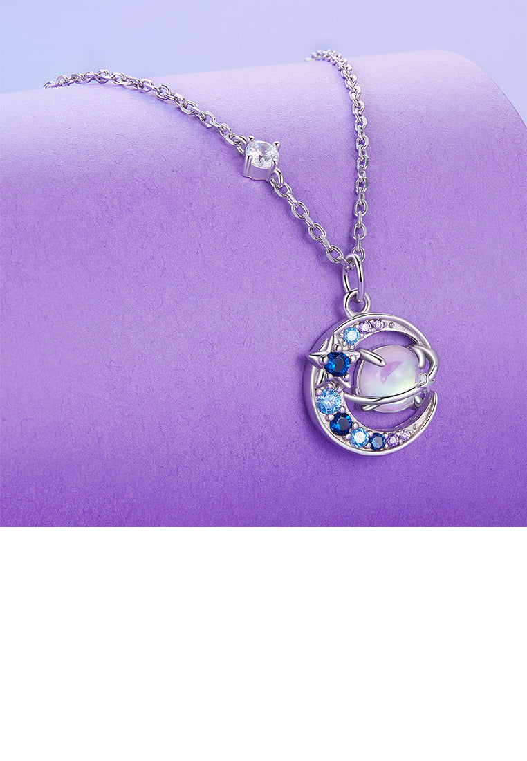 925 Sterling Silver Fashion Creative Planet Moon Pendant with Cubic Zirconia and Necklace - Luxurious Look