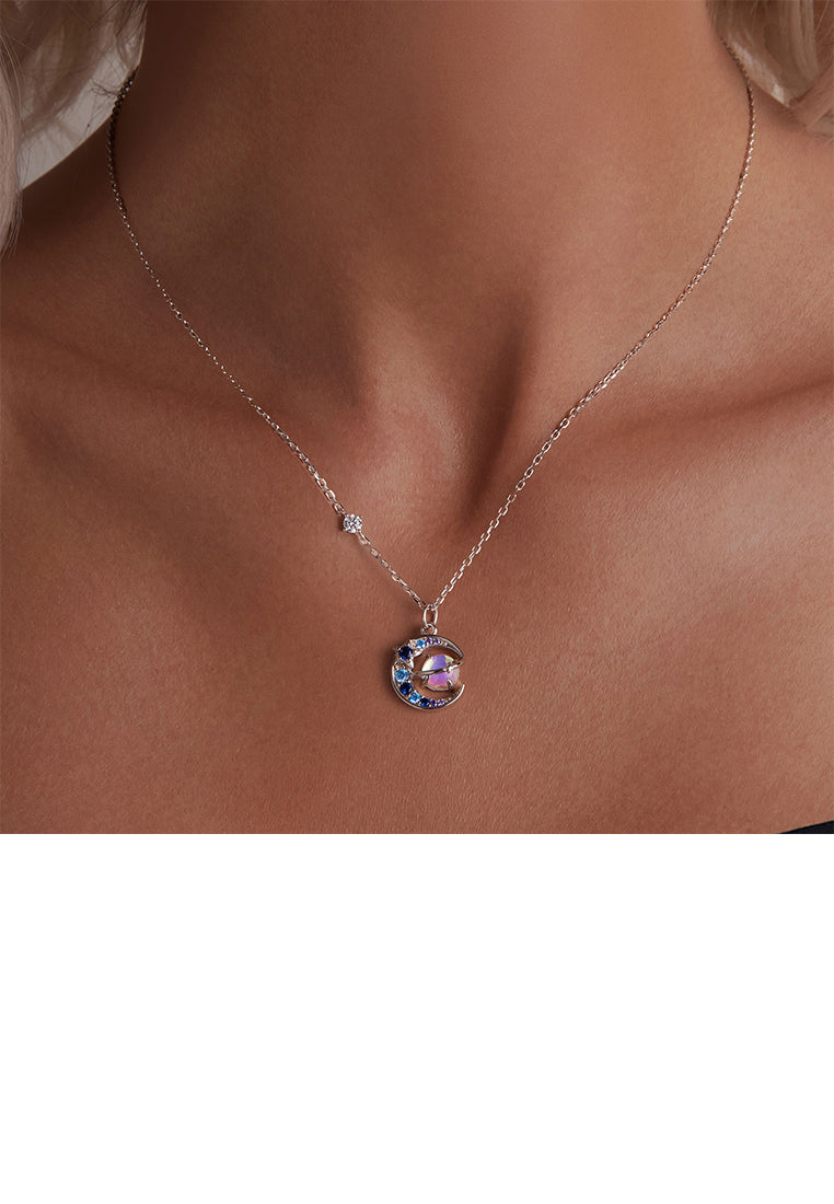 925 Sterling Silver Fashion Creative Planet Moon Pendant with Cubic Zirconia and Necklace - Luxurious Look