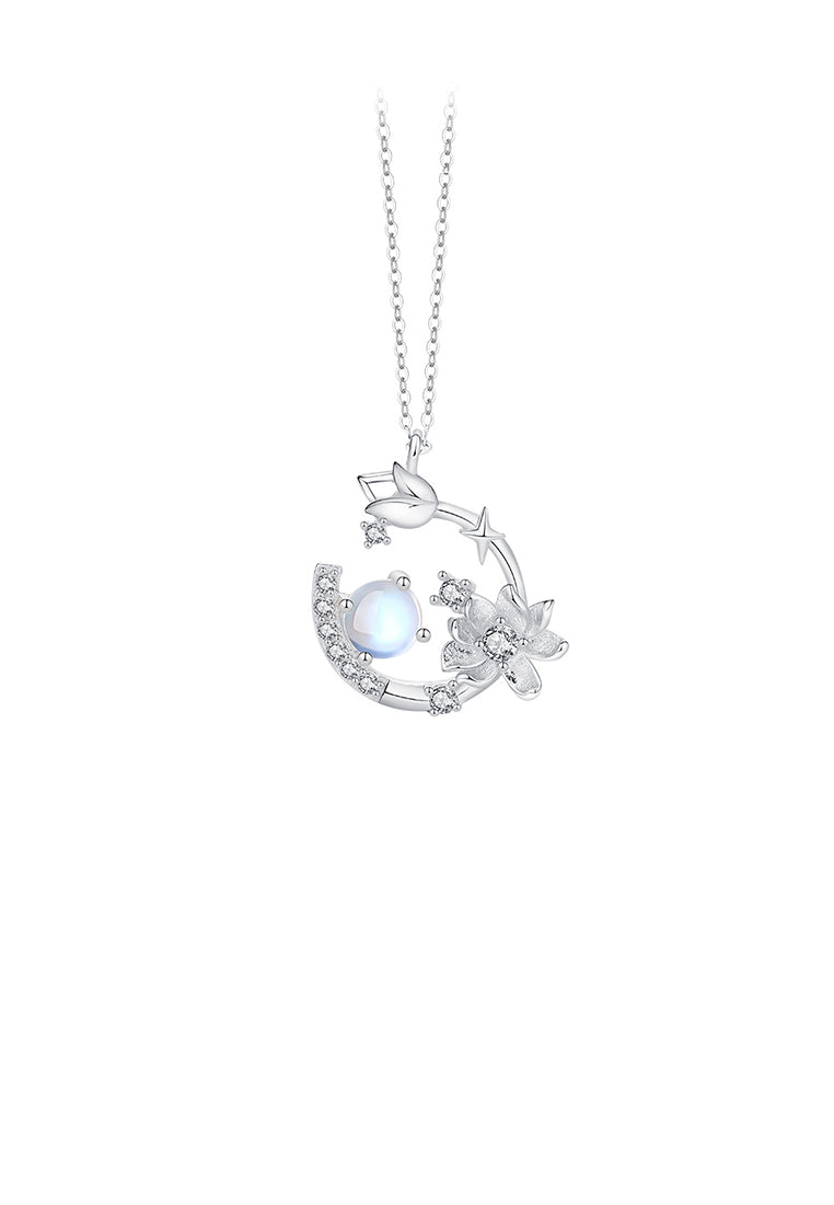 925 Sterling Silver Fashion and Elegant Tulip Flower Moonstone Pendant with Cubic Zirconia and Necklace - Luxurious Look