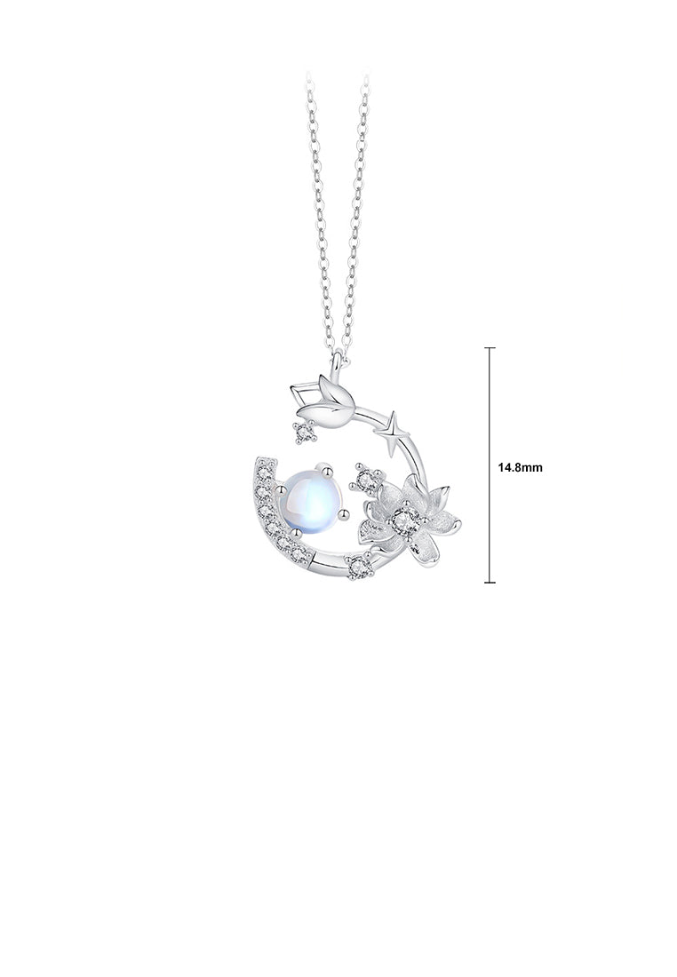 925 Sterling Silver Fashion and Elegant Tulip Flower Moonstone Pendant with Cubic Zirconia and Necklace - Luxurious Look