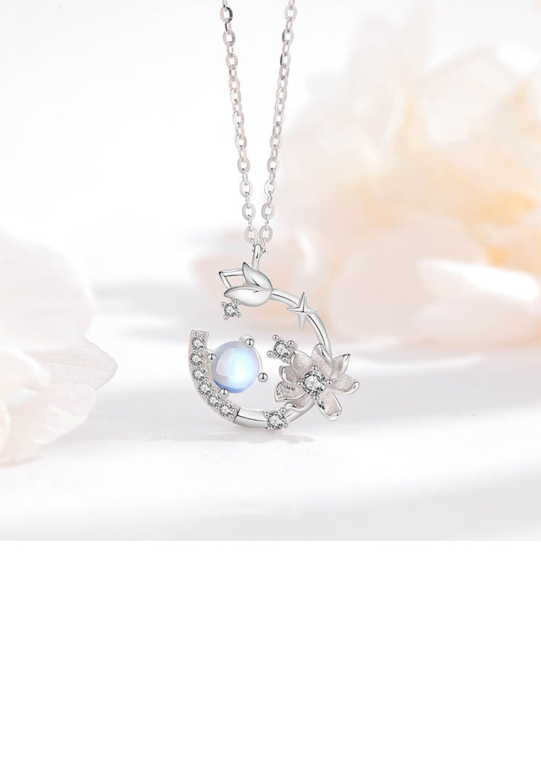 925 Sterling Silver Fashion and Elegant Tulip Flower Moonstone Pendant with Cubic Zirconia and Necklace - Luxurious Look