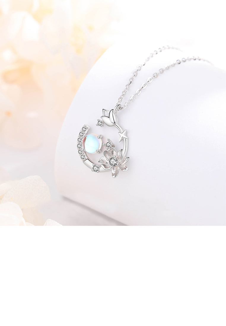 925 Sterling Silver Fashion and Elegant Tulip Flower Moonstone Pendant with Cubic Zirconia and Necklace - Luxurious Look