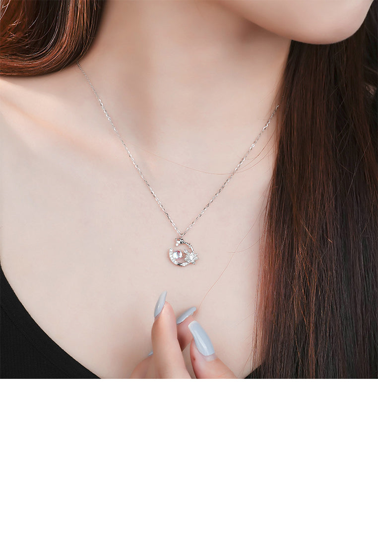925 Sterling Silver Fashion and Elegant Tulip Flower Moonstone Pendant with Cubic Zirconia and Necklace - Luxurious Look