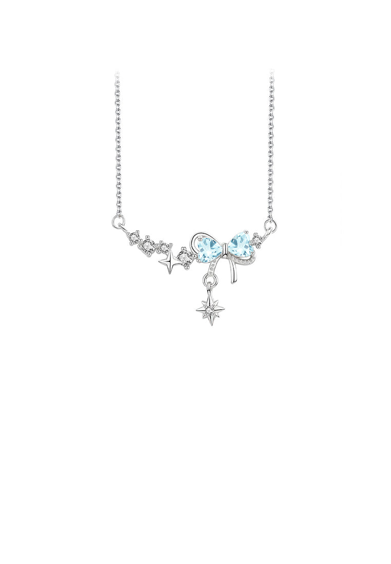 925 Sterling Silver Fashion Sweet Ribbon Pendant with Blue Cubic Zirconia and Necklace - Luxurious Look