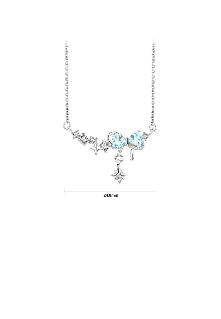 925 Sterling Silver Fashion Sweet Ribbon Pendant with Blue Cubic Zirconia and Necklace - Luxurious Look
