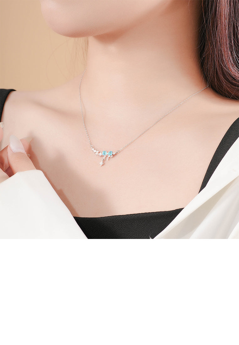 925 Sterling Silver Fashion Sweet Ribbon Pendant with Blue Cubic Zirconia and Necklace - Luxurious Look