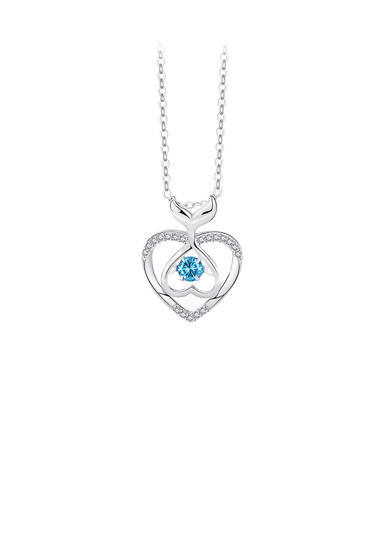 925 Sterling Silver Fashion and Cute Hollow Fish Tail Heart-shaped Pendant with Blue Cubic Zirconia and Necklace - Luxurious Look