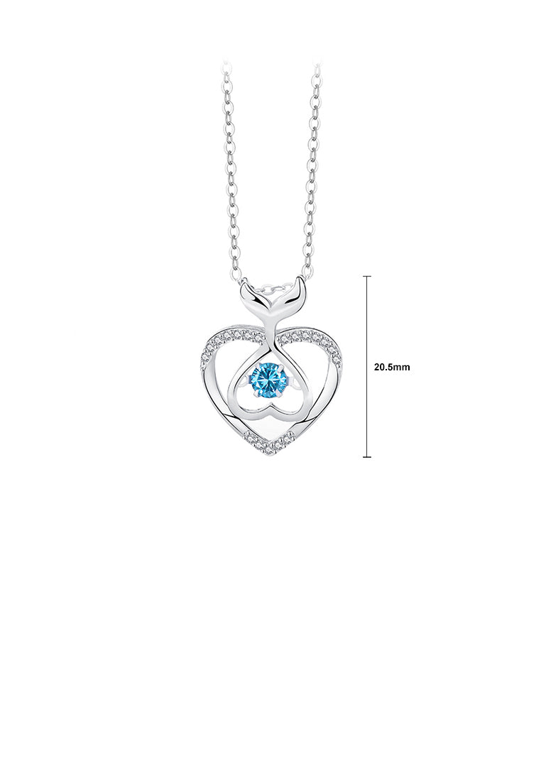 925 Sterling Silver Fashion and Cute Hollow Fish Tail Heart-shaped Pendant with Blue Cubic Zirconia and Necklace - Luxurious Look
