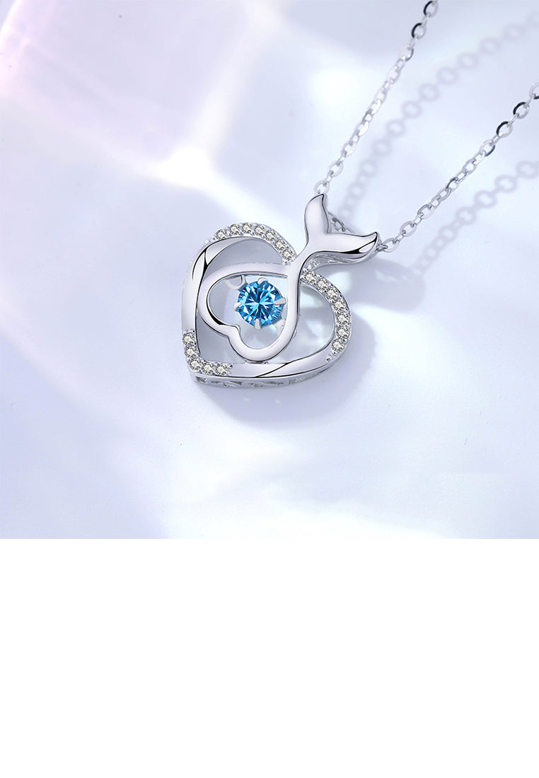 925 Sterling Silver Fashion and Cute Hollow Fish Tail Heart-shaped Pendant with Blue Cubic Zirconia and Necklace - Luxurious Look