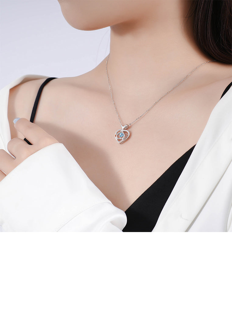 925 Sterling Silver Fashion and Cute Hollow Fish Tail Heart-shaped Pendant with Blue Cubic Zirconia and Necklace - Luxurious Look