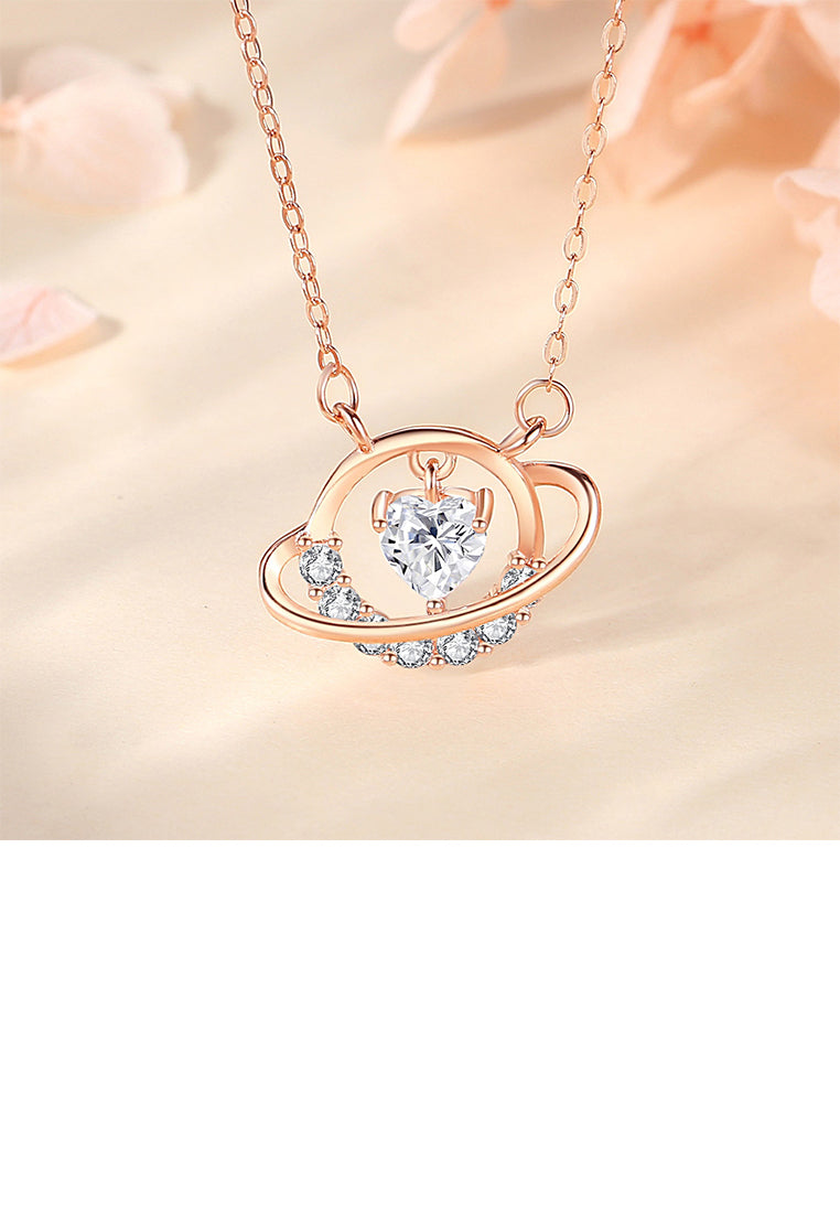 925 Sterling Silver Plated Rose Gold Fashion and Creative Planet Pendant with Cubic Zirconia and Necklace - Luxurious Look