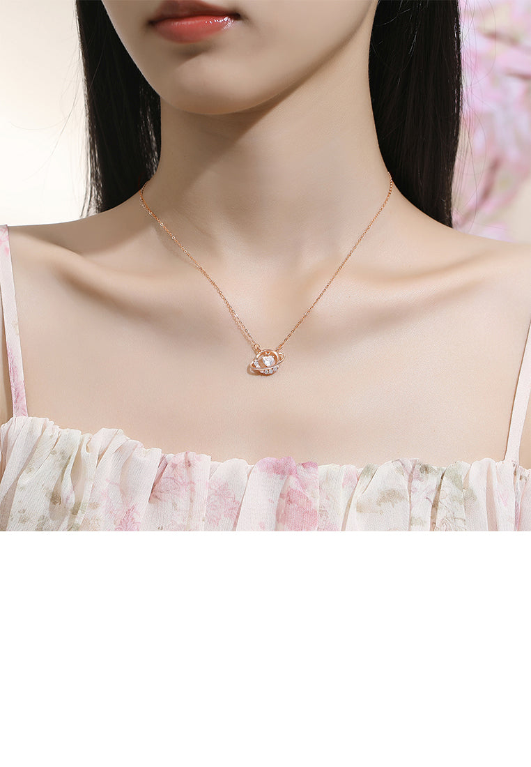 925 Sterling Silver Plated Rose Gold Fashion and Creative Planet Pendant with Cubic Zirconia and Necklace - Luxurious Look