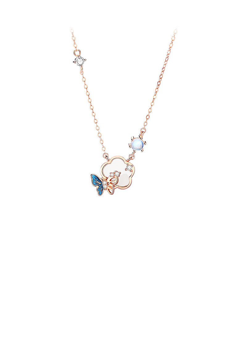 925 Sterling Silver Plated Rose Gold Fashion and Elegant Flower Butterfly Moonstone Pendant with Cubic Zirconia and Necklace - Luxurious Look
