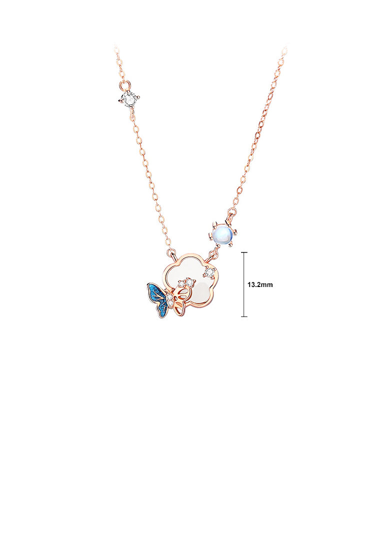 925 Sterling Silver Plated Rose Gold Fashion and Elegant Flower Butterfly Moonstone Pendant with Cubic Zirconia and Necklace - Luxurious Look