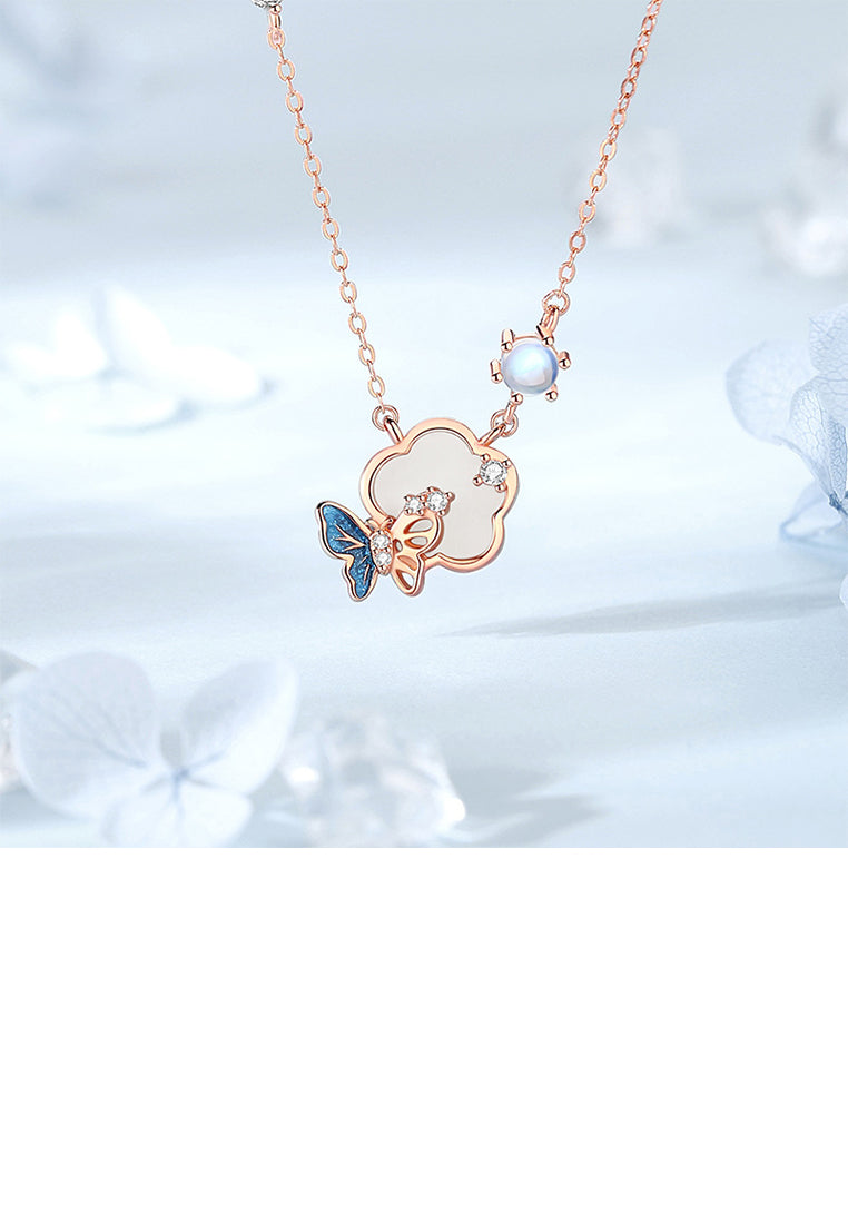 925 Sterling Silver Plated Rose Gold Fashion and Elegant Flower Butterfly Moonstone Pendant with Cubic Zirconia and Necklace - Luxurious Look