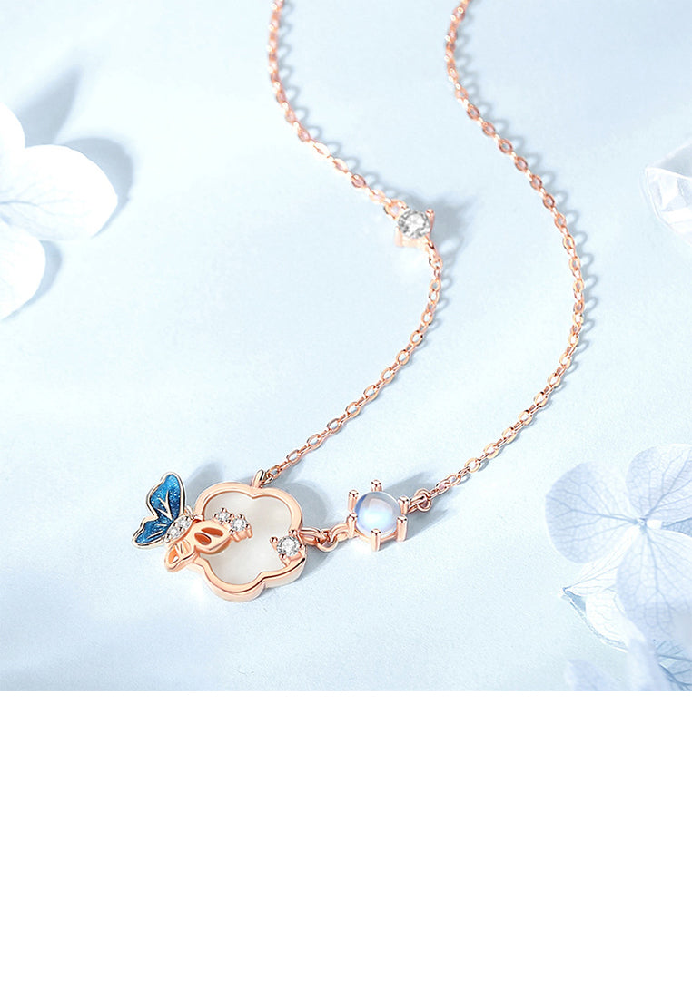 925 Sterling Silver Plated Rose Gold Fashion and Elegant Flower Butterfly Moonstone Pendant with Cubic Zirconia and Necklace - Luxurious Look