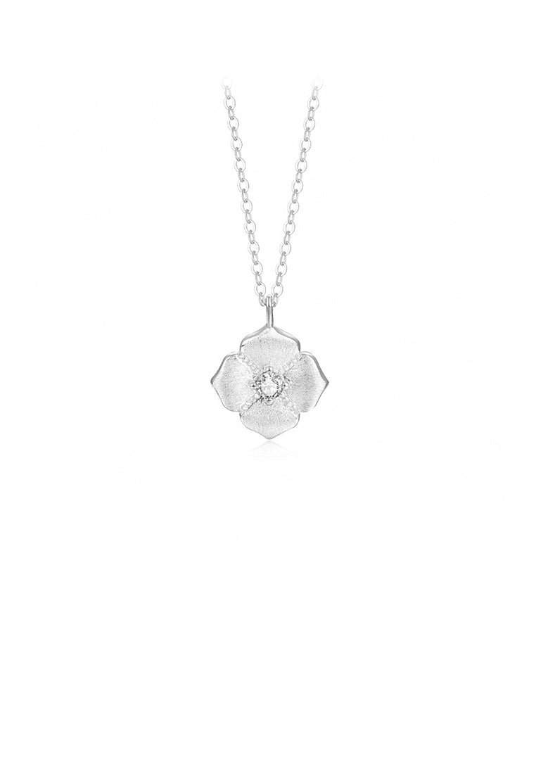925 Sterling Silver Fashion Simple Flower Pendant with White Cubic Zirconia and Necklace - Luxurious Look