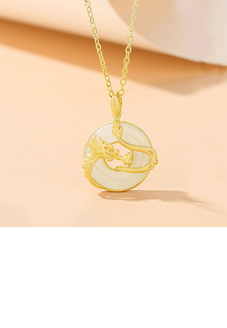 925 Sterling Silver Plated Gold Fashion National Style Zodiac Dragon Peace Buckle Pendant with Necklace