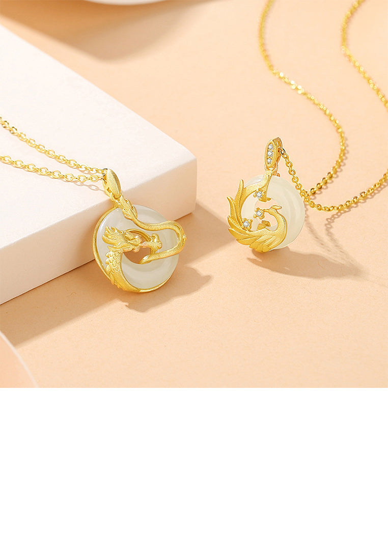 925 Sterling Silver Plated Gold Fashion National Style Zodiac Dragon Peace Buckle Pendant with Necklace