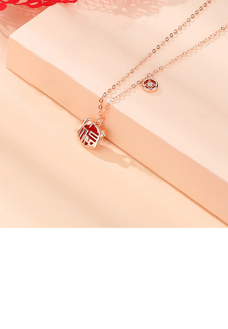 925 Sterling Silver Rose Plated Gold Fashion Vintage Zodiac Pig Imitation Agate Pendant with Cubic Zirconia and Necklace - Luxurious Look