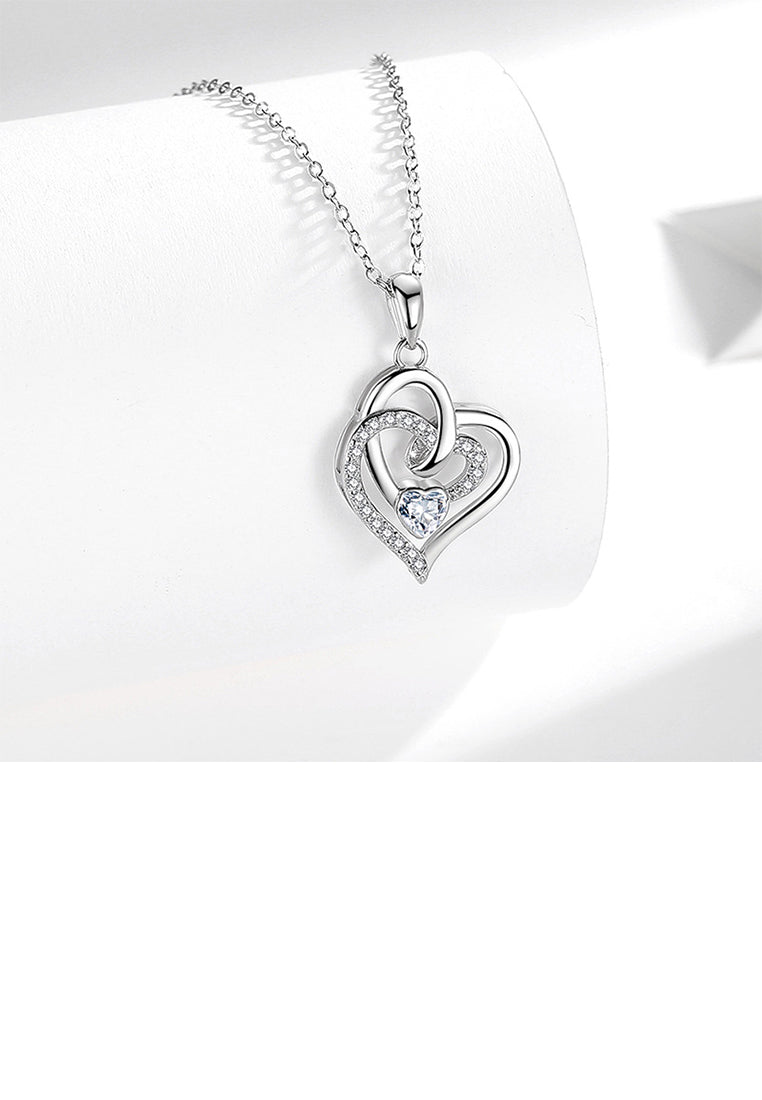 925 Sterling Silver Fashion Simple Double Heart Pendant with Cubic Zirconia and Necklace - Luxurious Look