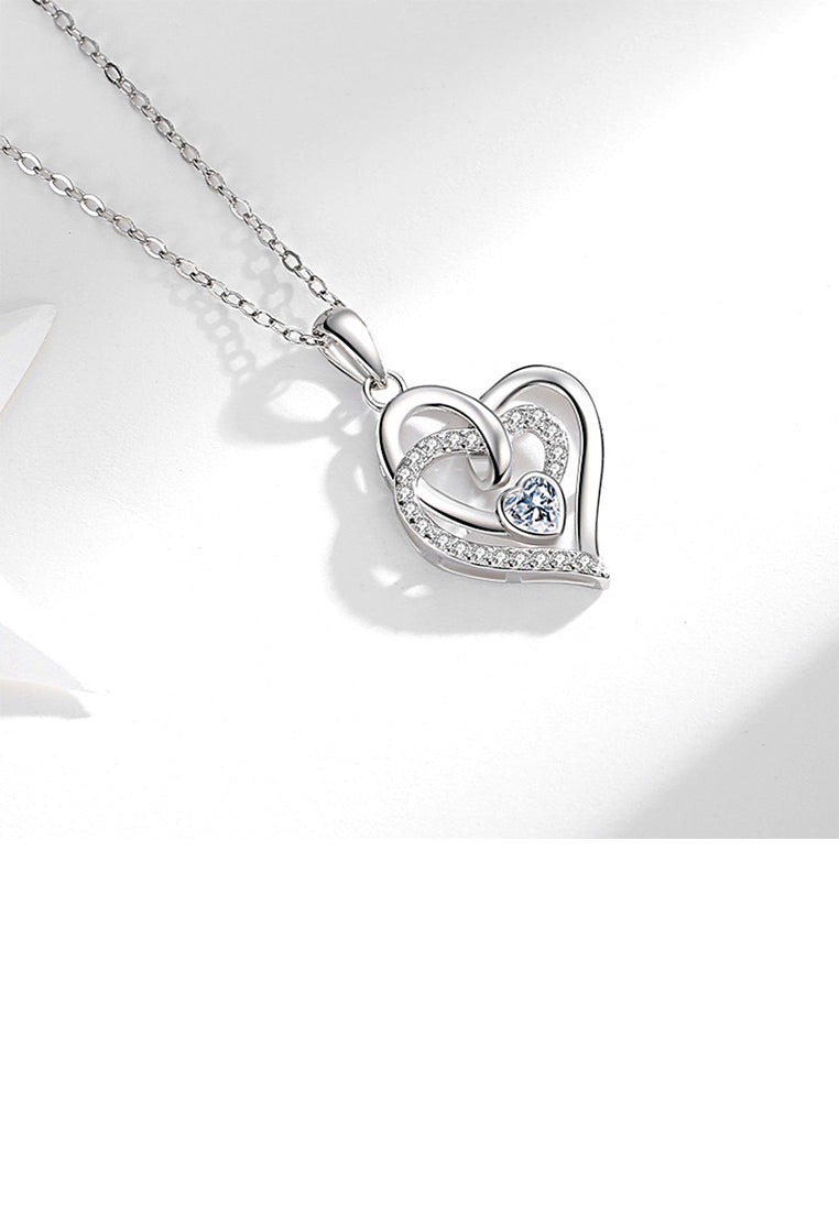 925 Sterling Silver Fashion Simple Double Heart Pendant with Cubic Zirconia and Necklace - Luxurious Look