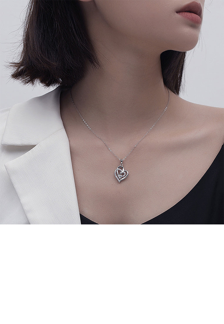 925 Sterling Silver Fashion Simple Double Heart Pendant with Cubic Zirconia and Necklace - Luxurious Look