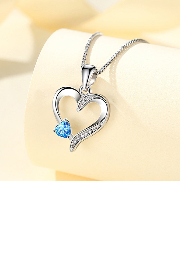925 Sterling Silver Fashion Simple Hollow Heart Pendant with Blue Cubic Zirconia and Necklace - Luxurious Look