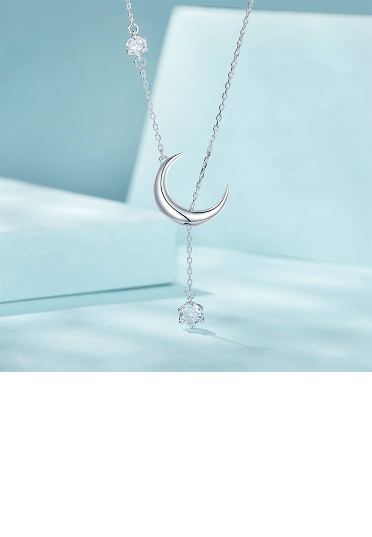 925 Sterling Silver Fashion Simple Moon Tassel Pendant with Cubic Zirconia and Necklace - Luxurious Look