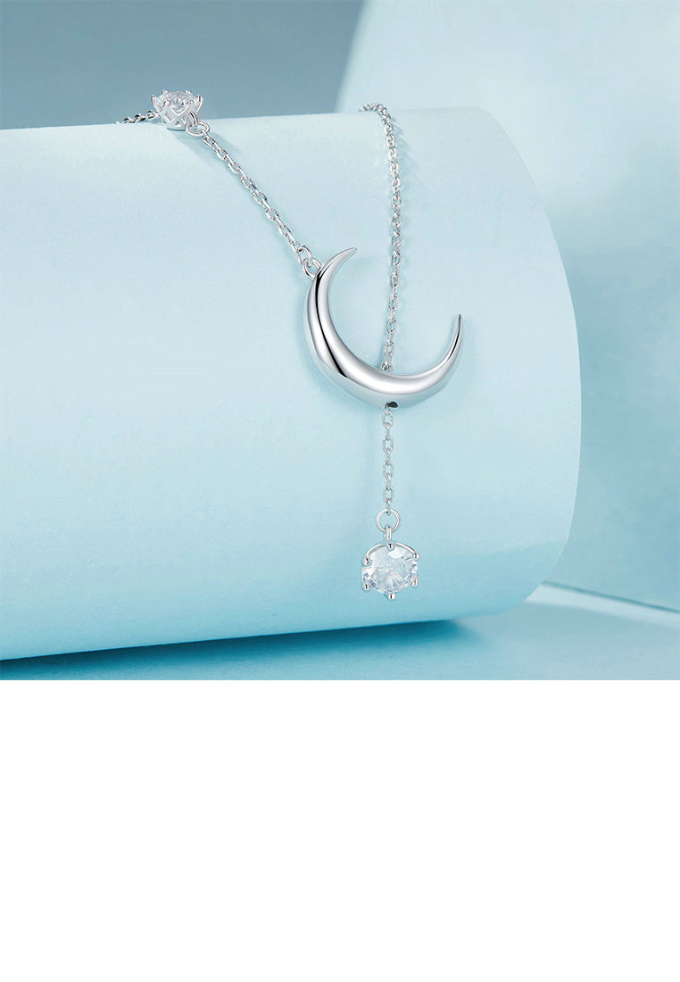 925 Sterling Silver Fashion Simple Moon Tassel Pendant with Cubic Zirconia and Necklace - Luxurious Look