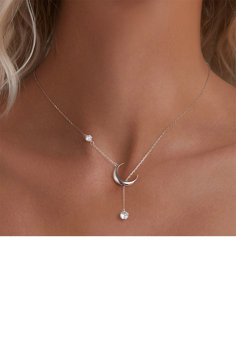 925 Sterling Silver Fashion Simple Moon Tassel Pendant with Cubic Zirconia and Necklace - Luxurious Look