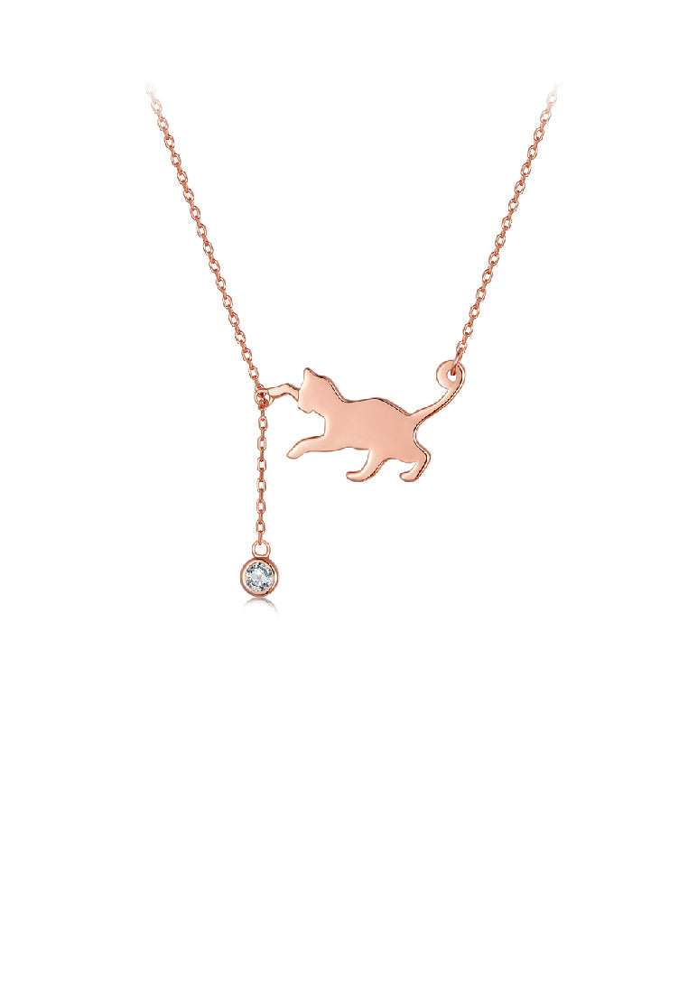 925 Sterling Silver Plated Rose Gold Simple Cute Cat Tassel Pendant with Cubic Zirconia and Necklace - Luxurious Look