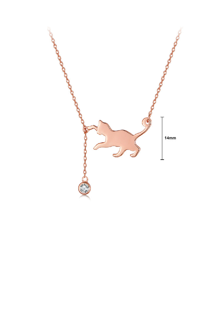 925 Sterling Silver Plated Rose Gold Simple Cute Cat Tassel Pendant with Cubic Zirconia and Necklace - Luxurious Look