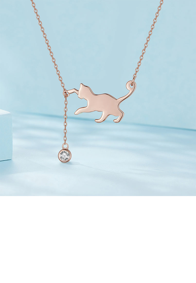 925 Sterling Silver Plated Rose Gold Simple Cute Cat Tassel Pendant with Cubic Zirconia and Necklace - Luxurious Look