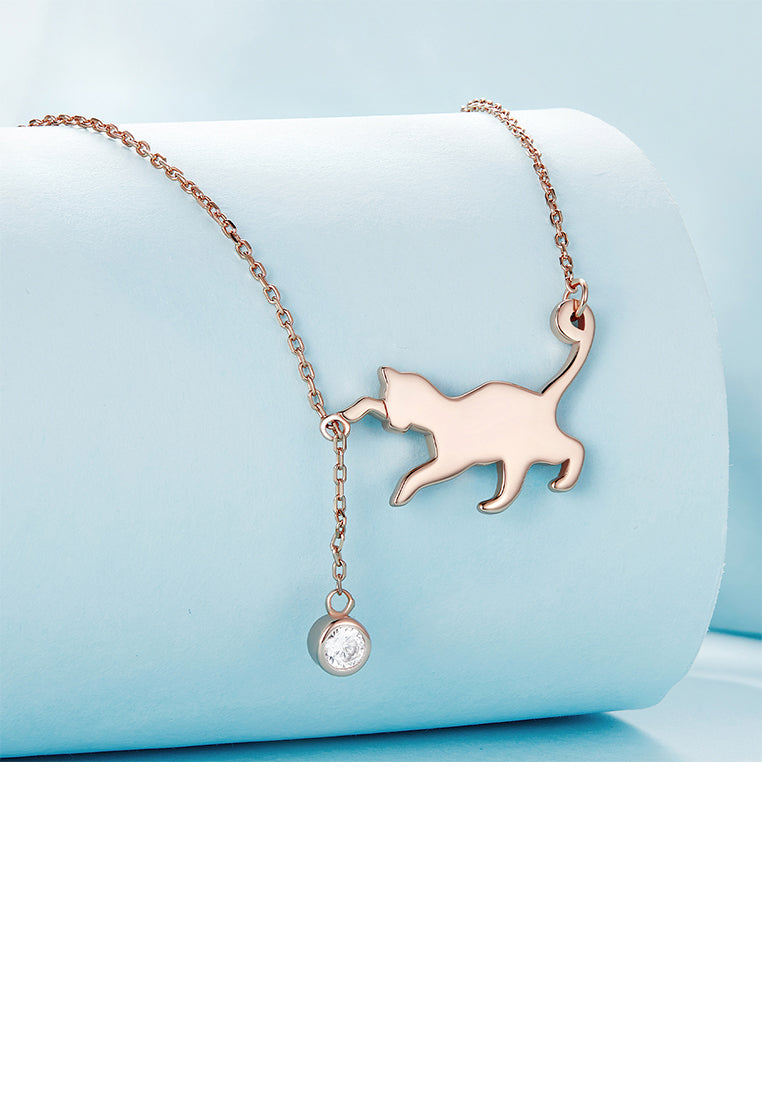 925 Sterling Silver Plated Rose Gold Simple Cute Cat Tassel Pendant with Cubic Zirconia and Necklace - Luxurious Look