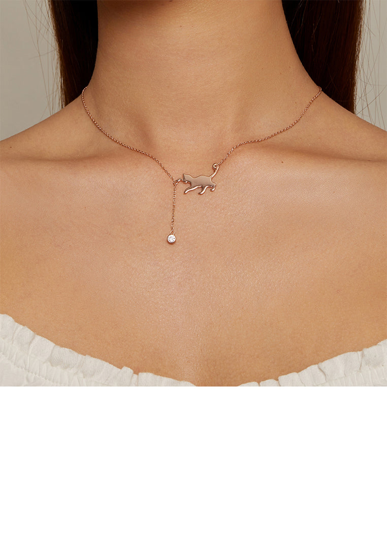 925 Sterling Silver Plated Rose Gold Simple Cute Cat Tassel Pendant with Cubic Zirconia and Necklace - Luxurious Look